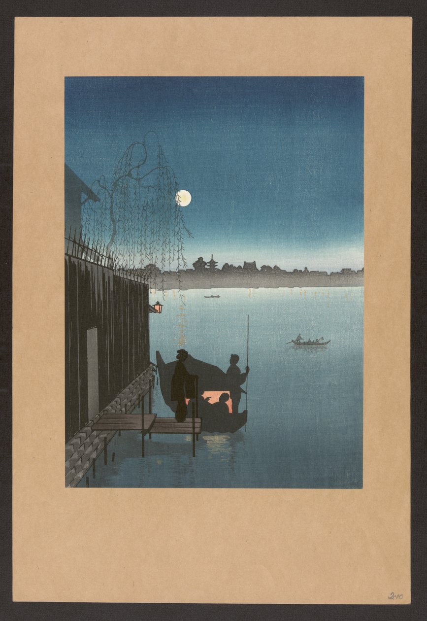 Ponte Sanbashi em Fukugawa à noite, c.1900-20 (xilogravura a cores) de Japanese School