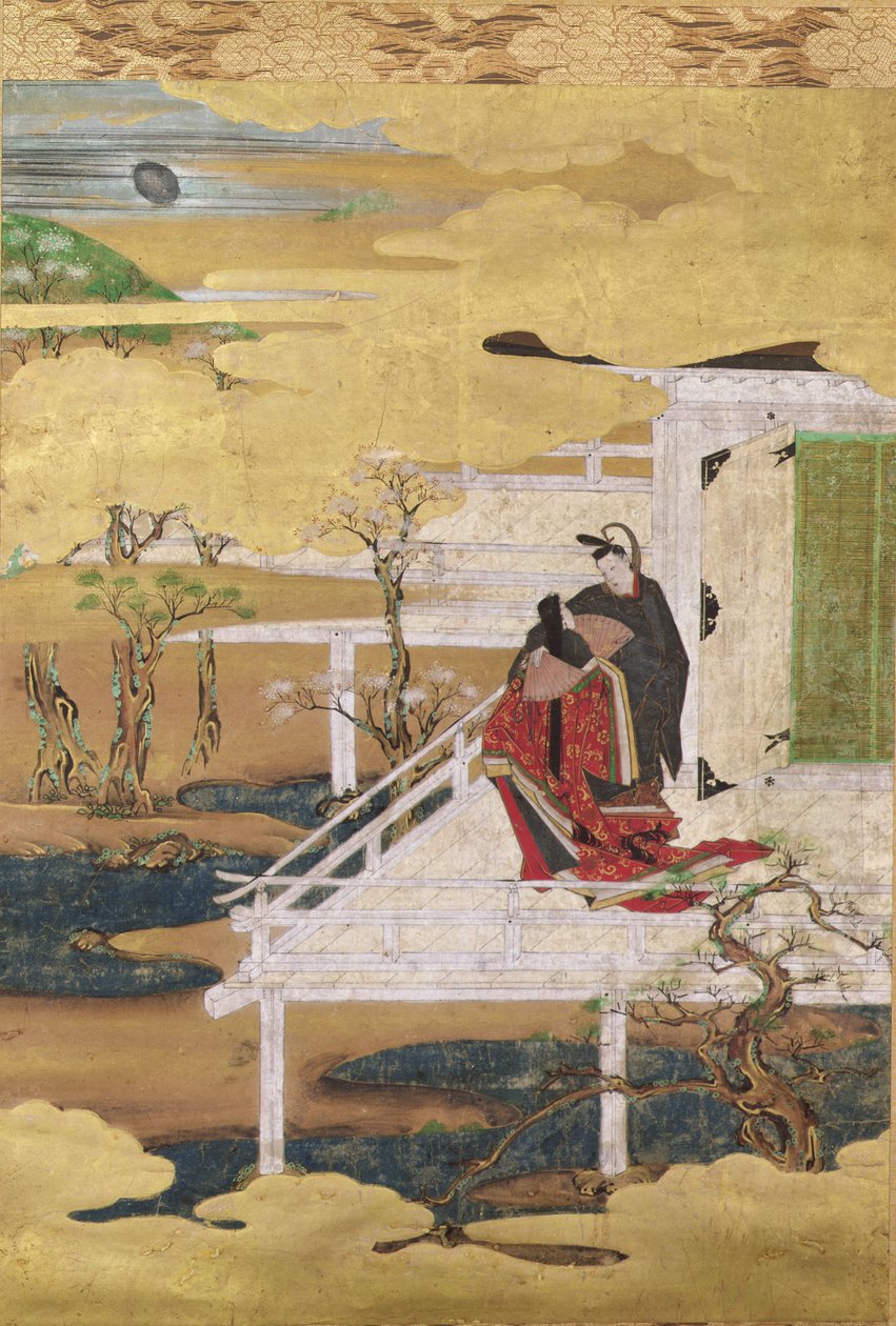 Cena do conto de Genji (cor de tinta e folha de ouro sobre papel) de Japanese School