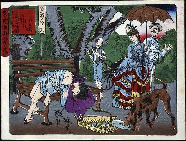 Cena em Uéno Park, no Japão: Um mensageiro criança dorme num banco e é roubado de um cão - impressão japonesa de Japanese School