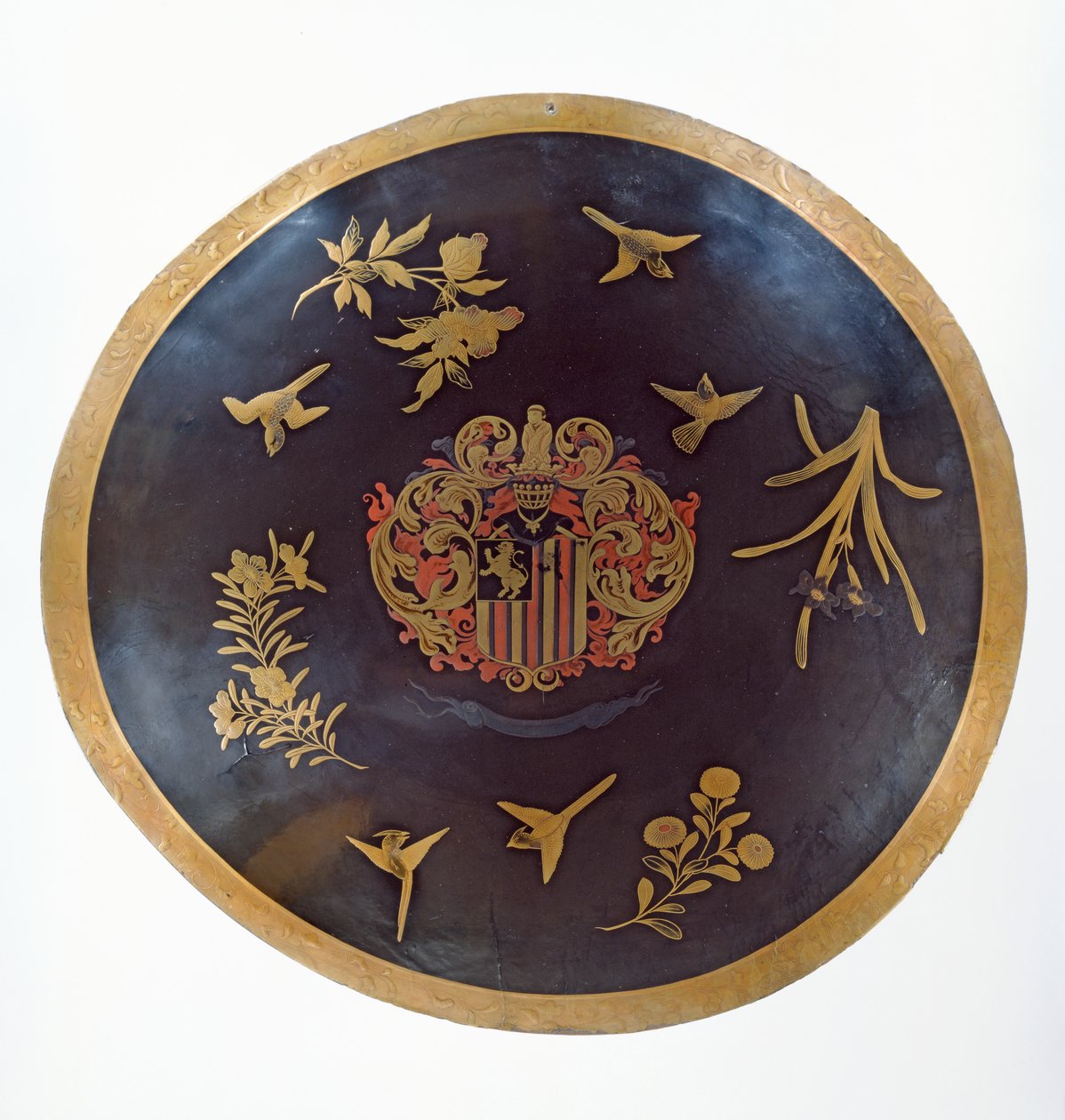 Escudo representando os rolamentos heráldicos de Constantijn Ranst, para a Companhia Holandesa das Índias Orientais, feita em Bengala e Lacada no Japão, c.1668 (couro lacado) de Japanese School