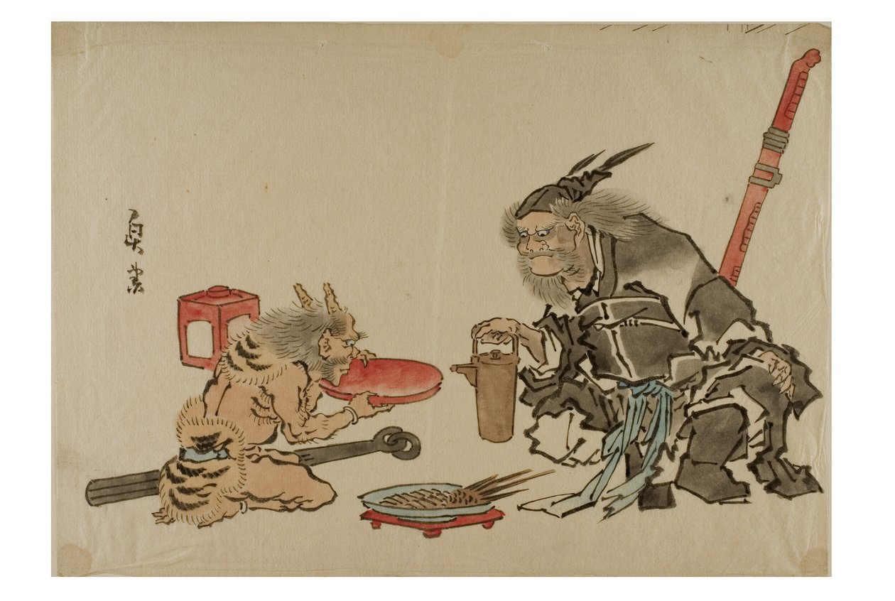 Shoki servindo saquê a um demônio, c.1895-1905 (tinta no papel) de Japanese School