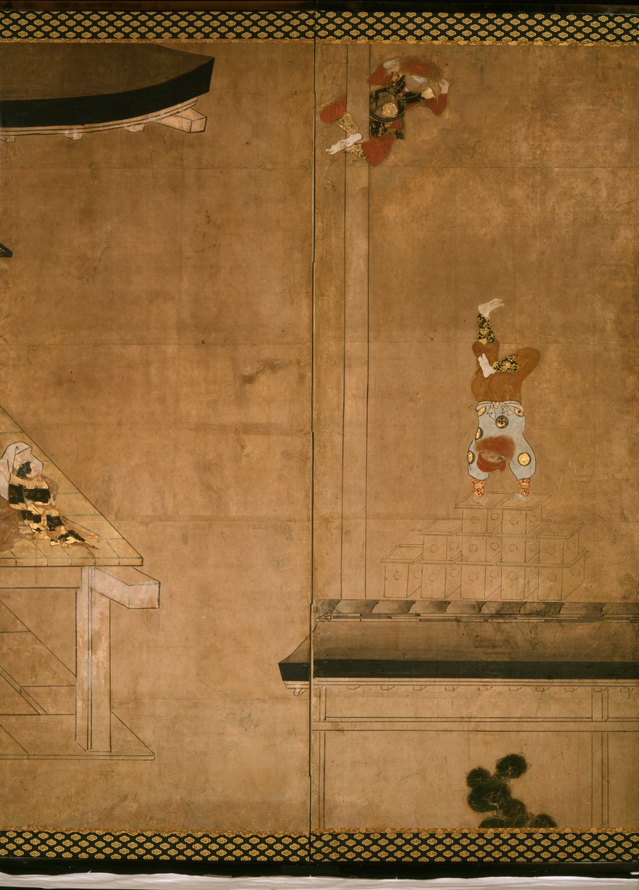 Ecrã sextuplo retratando acrobatas que actuam perante uma família rica de Japanese School