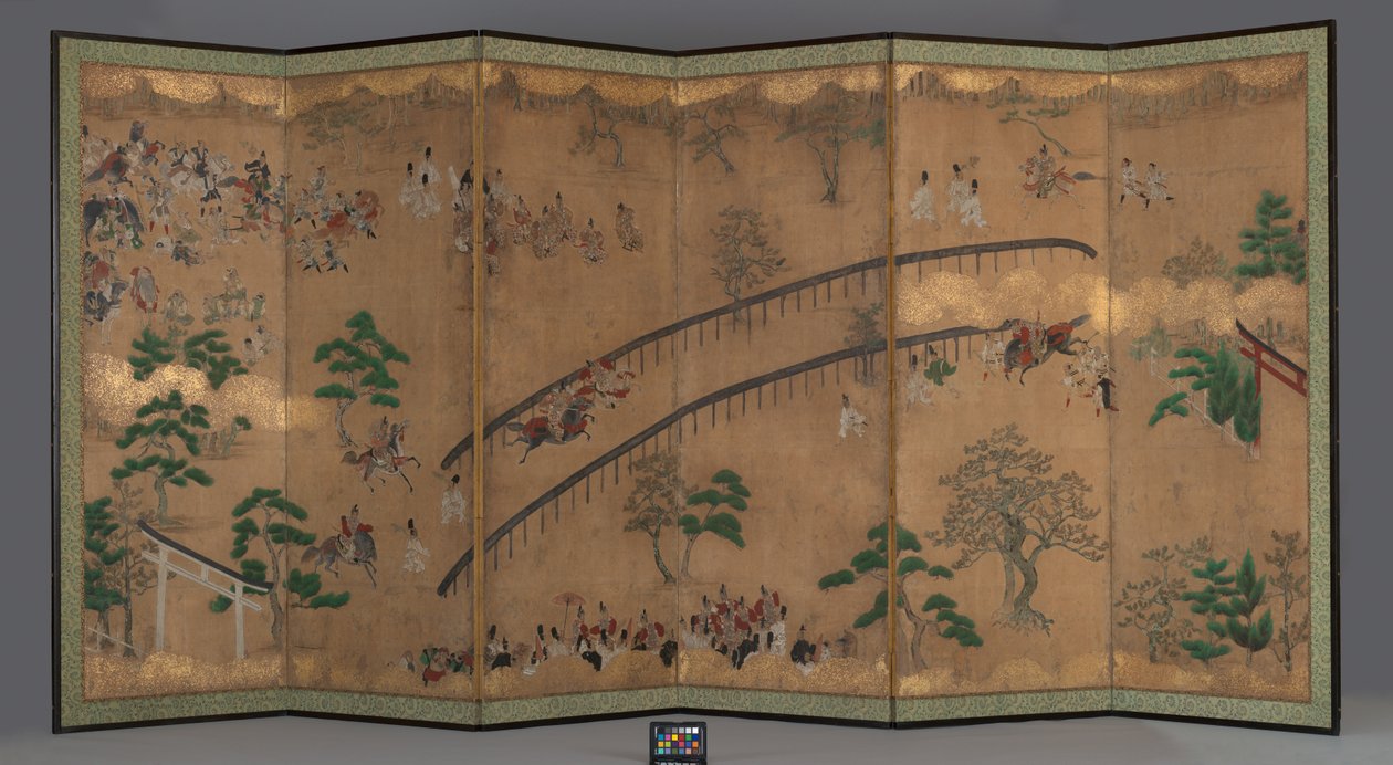Ecrã de seis painéis: Corrida de Cavalos no Kamo
Santuário, início do século XVIII (Tinta, pigmento dourado, cor e folha de ouro sobre
papel) de Japanese School