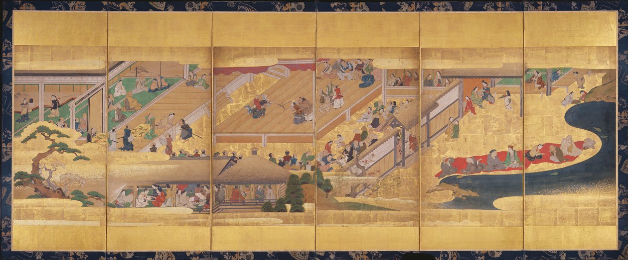 Tela de seis dobras com o Noh Play Funa-Benkei, c.1660 (cor, gofun & tinta & ouro sobre papel) de Japanese School