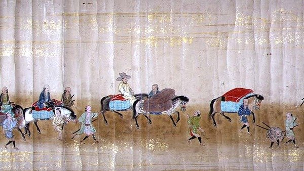 Sexta Embaixada da Coreia no Japão em Meireki 1 na época da sucessão de Tokugawa Ietsuna em 1651, possivelmente por Kano Masunobu (1625-94) (pintura scroll) (detalhe) de Japanese School