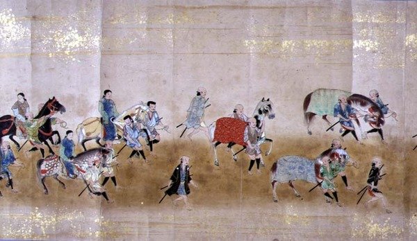 Sexta Embaixada da Coreia no Japão em Meireki 1 na época da sucessão de Tokugawa Ietsuna em 1651, possivelmente por Kano Masunobu (1625-94) (pintura scroll) (detalhe) de Japanese School