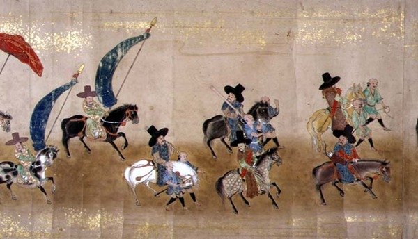 Sexta Embaixada da Coreia no Japão em Meireki 1 na época da sucessão de Tokugawa Ietsuna em 1651, possivelmente por Kano Masunobu (1625-94) (pintura scroll) (detalhe) de Japanese School