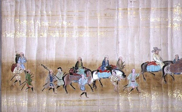 Sexta Embaixada da Coreia no Japão em Meireki 1 na época da sucessão de Tokugawa Ietsuna em 1651, possivelmente por Kano Masunobu (1625-94) (pintura scroll) (detalhe) (ver também 120832) de Japanese School