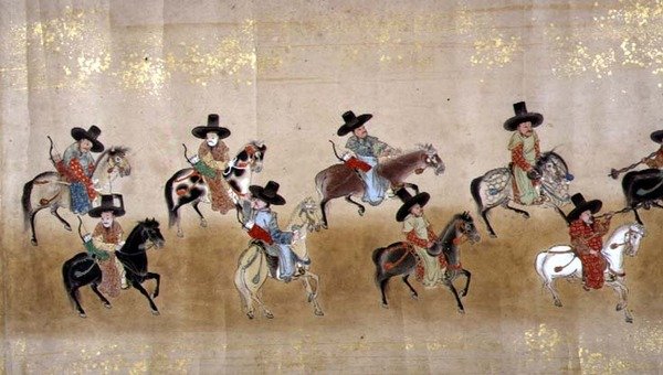 Sexta Embaixada da Coreia no Japão em Meireki 1 na época da sucessão de Tokugawa Ietsuna em 1651, possivelmente por Kano Masunobu (1625-94) (pintura scroll) de Japanese School