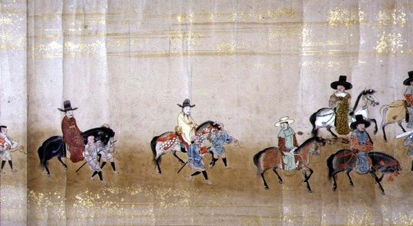Sexta Embaixada da Coreia no Japão em Meireki 1 na época da sucessão de Tokugawa Ietsuna em 1651, possivelmente por Kano Masunobu (1625-94) (pintura scroll) (detalhe) de Japanese School