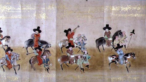 Sexta Embaixada da Coreia no Japão em Meireki 1 na época da sucessão de Tokugawa Ietsuna em 1651, possivelmente por Kano Masunobu (1625-94) (pintura scroll) (detalhe) de Japanese School