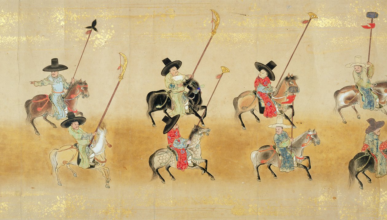 Sexta Embaixada da Coreia no Japão em Meireki 1 na época da sucessão de Tokugawa Ietsunas em 1651, possivelmente por Kano Masunobu (1625-94) (pintura de rolagem) (detalhe) (ver também 79778) de Japanese School
