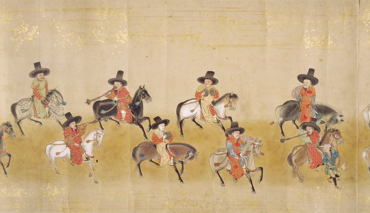 Sexta Embaixada da Coreia no Japão em Meireki 1 na época da sucessão de Tokugawa Ietsunas em 1651, possivelmente por Kano Masunobu (1625-94) (pintura de rolagem) (detalhe) de Japanese School