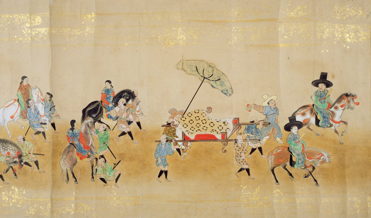 Sexta Embaixada da Coreia no Japão em Meireki 1 na época da sucessão de Tokugawa Ietsunas em 1651, possivelmente por Kano Masunobu (1625-94) (pintura de rolagem) (detalhe) de Japanese School