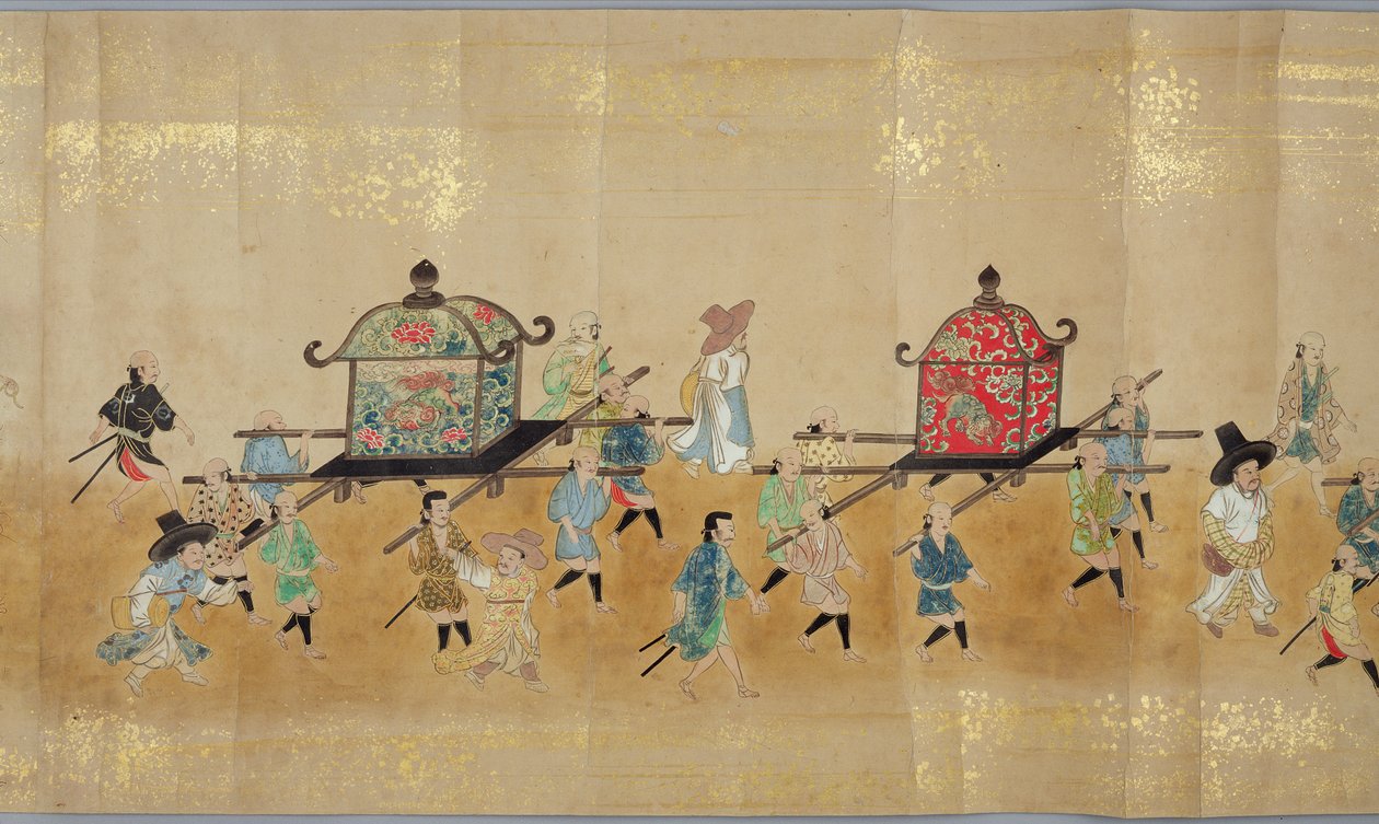 Sexta Embaixada da Coreia no Japão em Meireki 1 na época da sucessão de Tokugawa Ietsunas em 1651, possivelmente por Kano Masunobu (1625-94) (pintura de rolagem) (detalhe) (ver também 79774 e 120823) de Japanese School