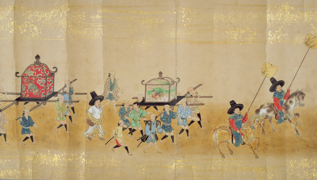 Sexta Embaixada da Coreia no Japão em Meireki 1 na época da sucessão de Tokugawa Ietsunas em 1651, possivelmente por Kano Masunobu (1625-94) (pintura de rolagem) (detalhe) (ver também 79774 e 120822) de Japanese School