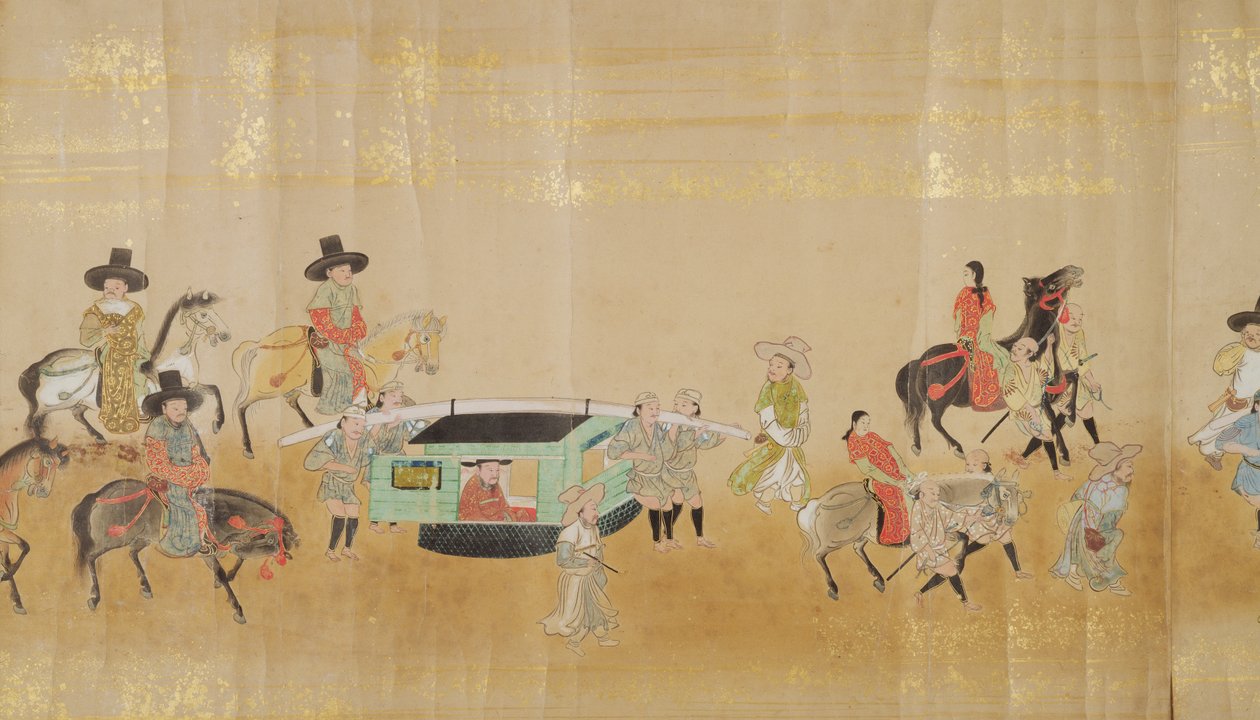 Sexta Embaixada da Coreia no Japão em Meireki 1 na época da sucessão de Tokugawa Ietsunas em 1651, possivelmente por Kano Masunobu (1625-94) (pintura de rolagem) (detalhe) de Japanese School