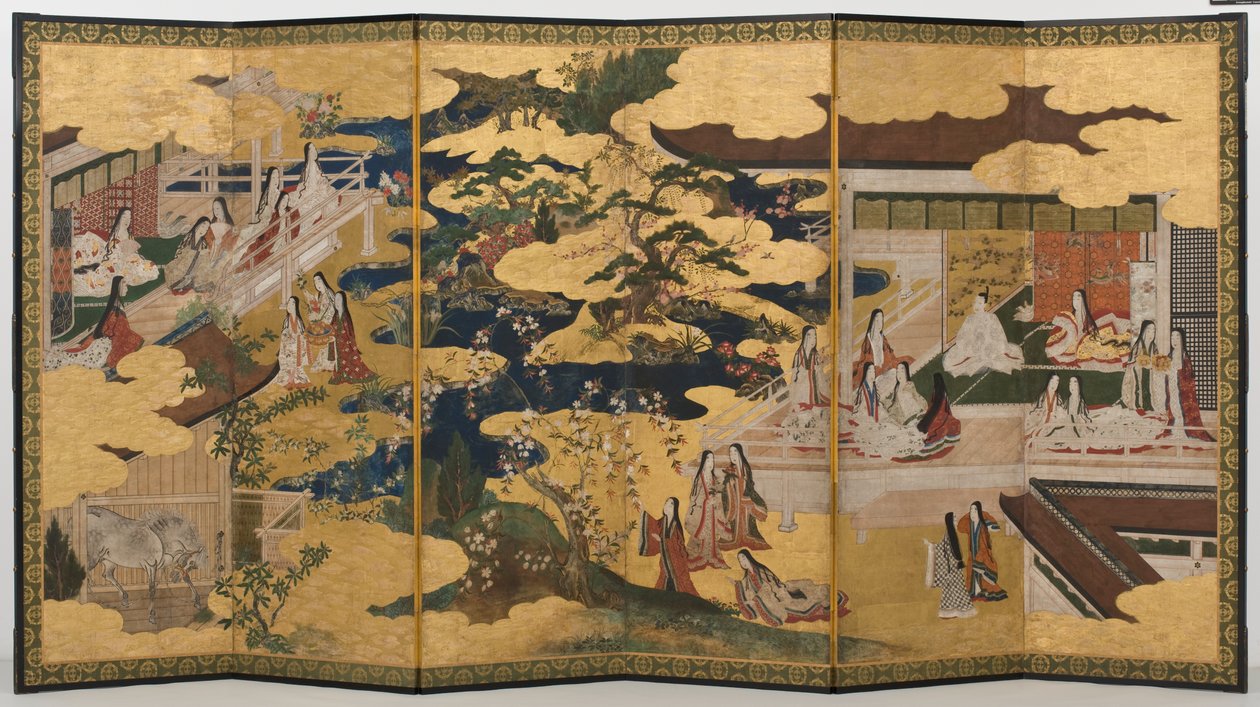 Primavera no Palácio, tela de seis vezes do conto de Genji, c.1650 (tinta, cores e ouro sobre papel) de Japanese School