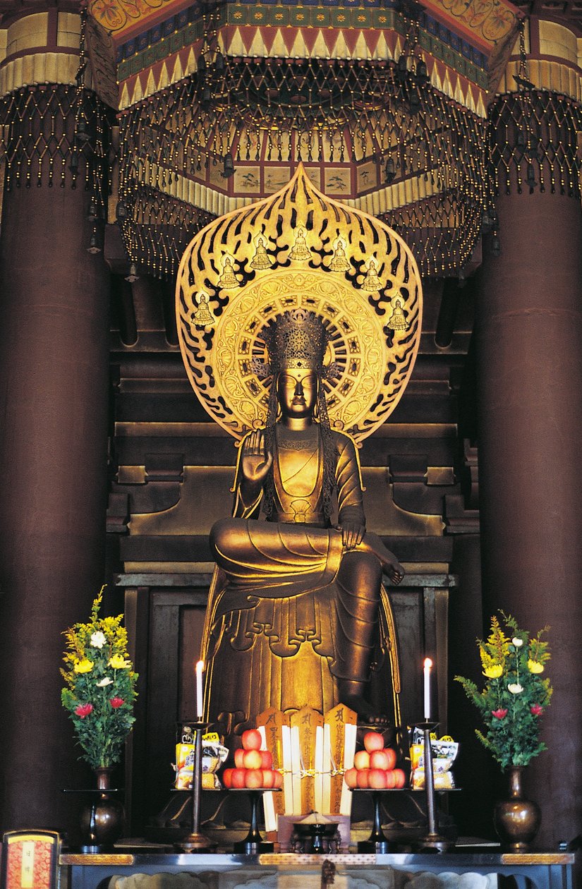 Estátua de Buda no Templo de Shitennojiji, Kansai, Osaka, Japão, século VI de Japanese School