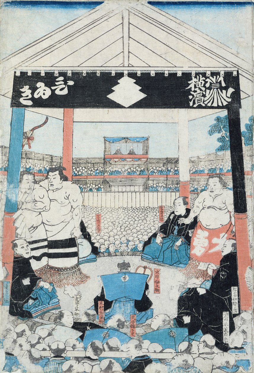 Lutadores de sumô prestes a começar uma luta (impressão em xilogravura) de Japanese School