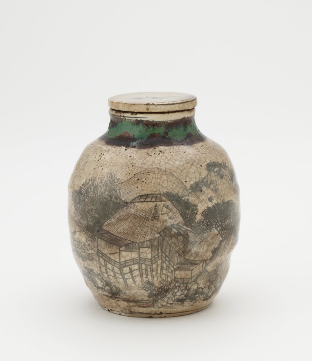 Jarra de folhas de chá para sencha, com tampa correspondente, utensílios relacionados a Kyoto, jarra de folhas de chá (sencha tsubo) de Japanese School