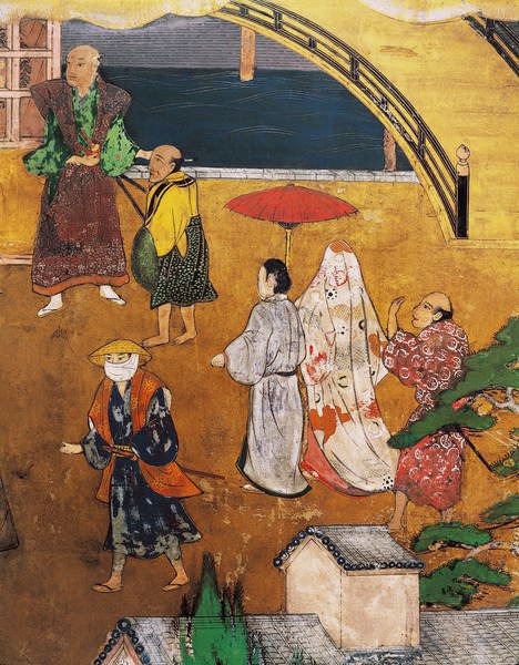 A chegada dos portugueses no Japão, detalhe de uma cena de rua, de uma tela de Namban Byobu, 1594-1618 de Japanese School