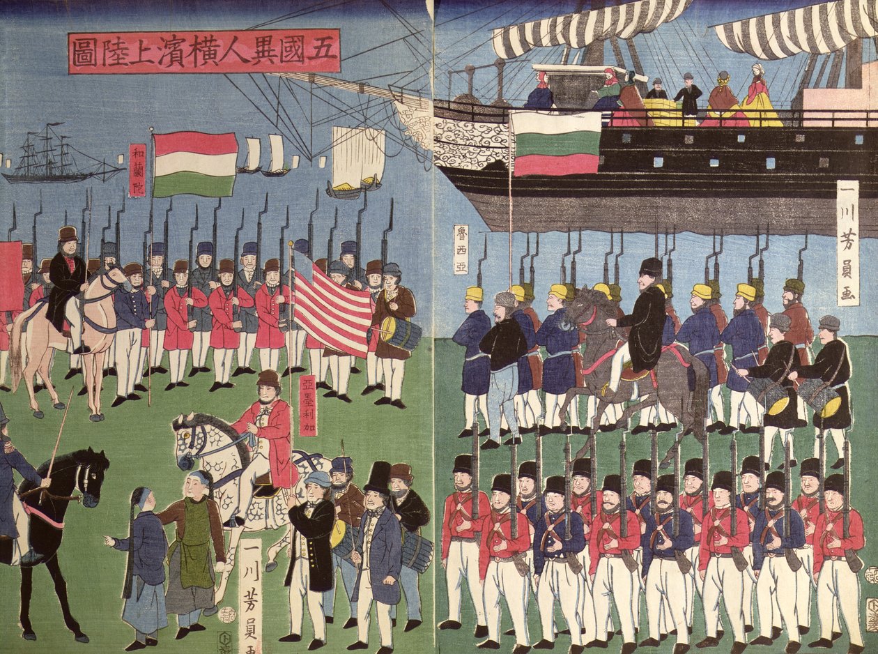 A chegada do esquadrão do Comodoro Perry em um porto japonês em 1853 (impressão em xilogravura a cores) de Japanese School