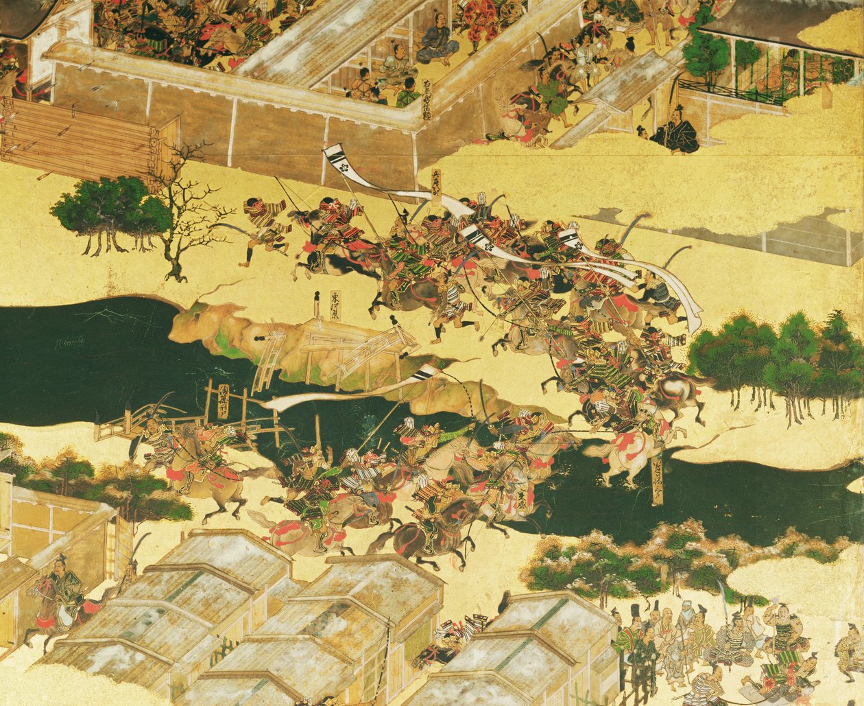 A Batalha de Hogen a partir de uma tela, Período Momayama (1568-1600) (caneta e tinta, cor e ouro colocados no painel) (detalhe) de Japanese School