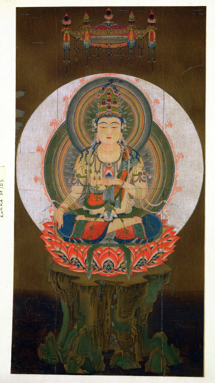 O Bodhisattva Akashagarba segurando o Cintamani (desejo dando) Jewel na mão esquerda e sentado em um lótus, ilustração após um kakemono do século IX do templo de Daigo, publicado em Th de Japanese School