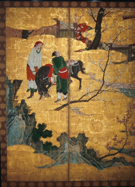 A visita da corte dos quatro sábios do monte Shang; Su Shis visita ao vento e caverna de água, detalhe de um par de telas dobráveis de seis painéis, Momoyama período (wc e ouro no papel) de Japanese School