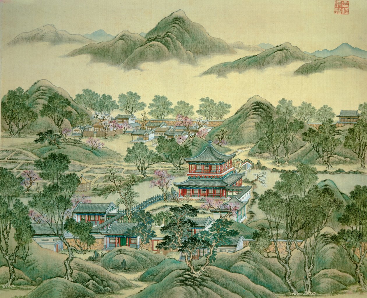 O pavilhão de detalhes de uma estampa japonesa do século XIX. de Japanese School