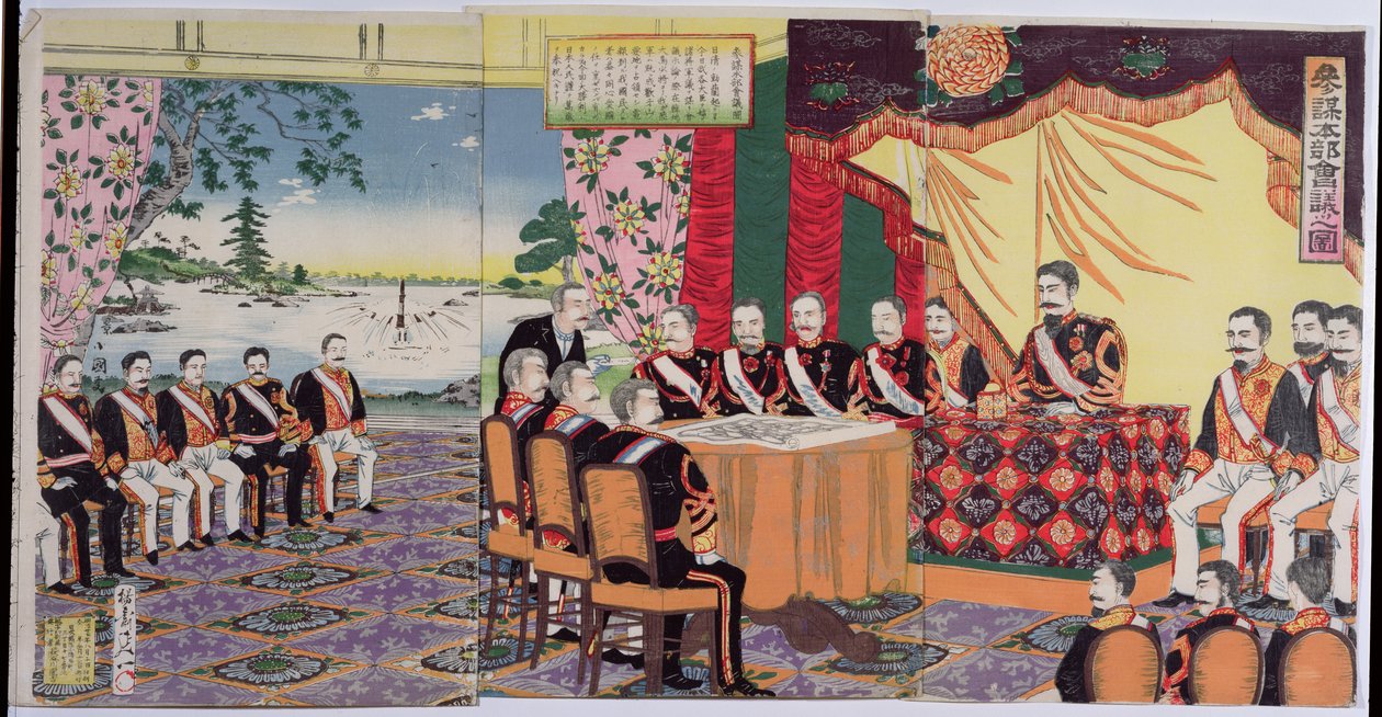 O Imperador Mutsuhito (1852-1912) Segurando um Conselho de Guerra, um episódio da Guerra Sino-Japonesa, final do século XIX (impressão em xilogravura a cores) (ver também 176842) de Japanese School
