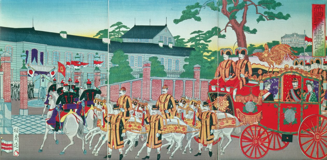 O Imperador Mutsuhito (1852-1912) Retornando ao seu palácio em Tóquio, no final do século XIX (impressão xilogravura a cores) de Japanese School