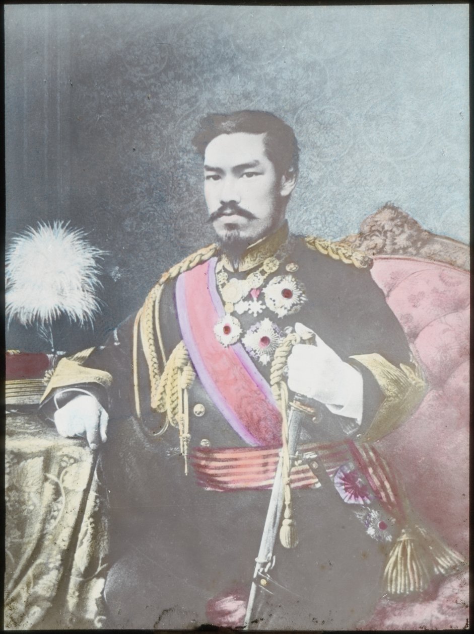 O Imperador Meiji, c.1880 (lâmina de vidro colorida à mão) de Japanese School