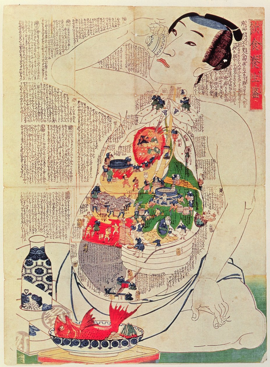 O espelho da comida e bebida para nutrir a vida (xilogravura) de Japanese School