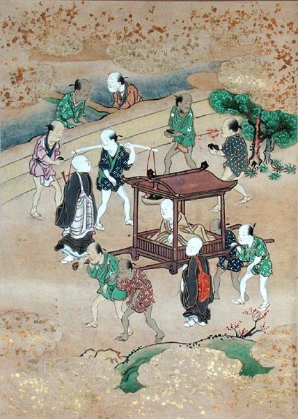 O Monge Shogaku (1126-1235) Viajando em um Koshi (aquarela sobre papel) de Japanese School