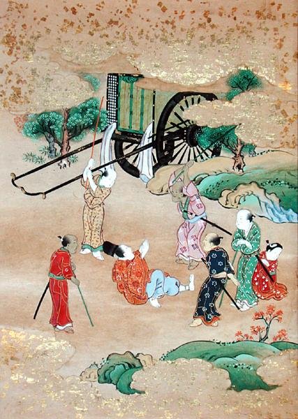 O Monge Shogaku (1126-1235) a ser atacado por Brigands (aguarela sobre papel) de Japanese School