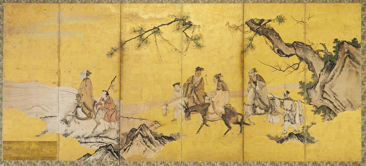 Os Sete Sábios do Bosque de Bambu, Kan escola (tinta, cor, ouro e folha de ouro no papel) de Japanese School
