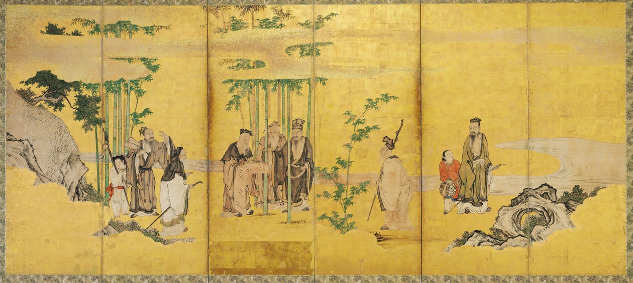 Os Sete Sábios do Bosque de Bambu, Kan escola (tinta, cor, ouro e folha de ouro no papel) de Japanese School