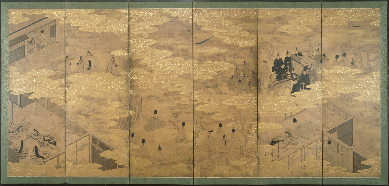 O conto de Genji, do final do século XVII ao início do século XVIII (tinta com pigmento e folha de ouro sobre papel de mica) (par de 171424) de Japanese School