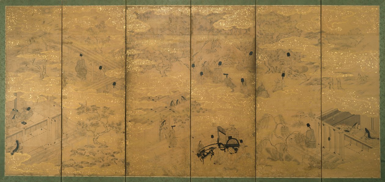 O conto de Genji, do final do século XVII ao início do século XVIII (tinta com pigmento e folha de ouro sobre papel de mica) (par de 171423) de Japanese School