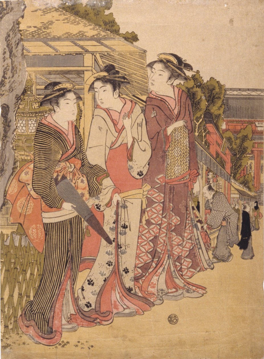 Three Beauties In The Marketplace (impressão em bloco de madeira a cores) de Japanese School