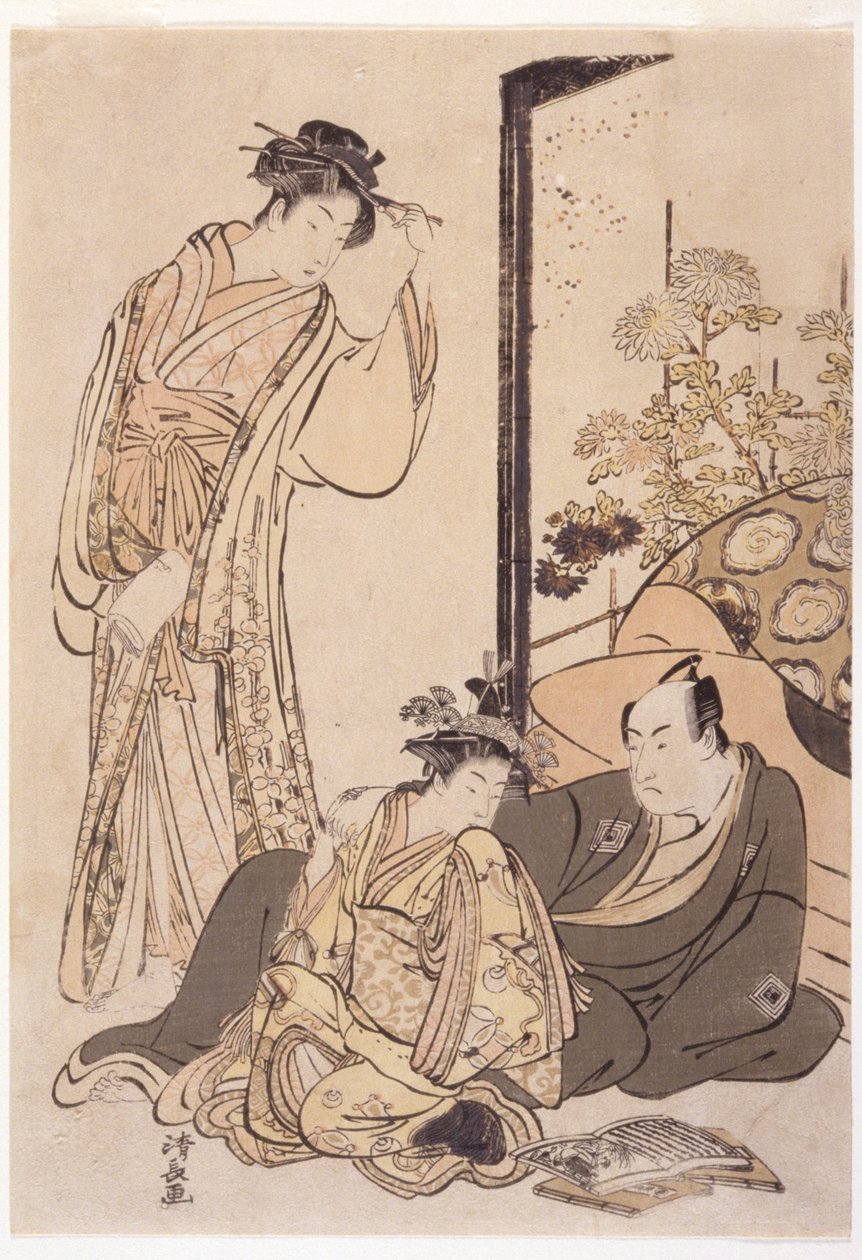 Três figuras, cerca de 1760-1810 (xilogravura) de Japanese School