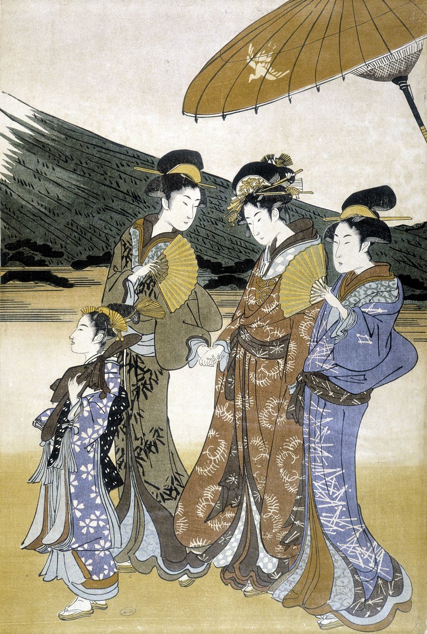 Três mulheres e crianças, impressão japonesa de Japanese School