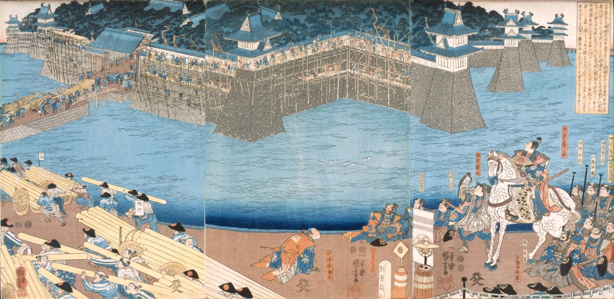 Tríptico mostrando um forte sendo construído pelo rio Kunigos, período Edo 1603-1868. de Japanese School