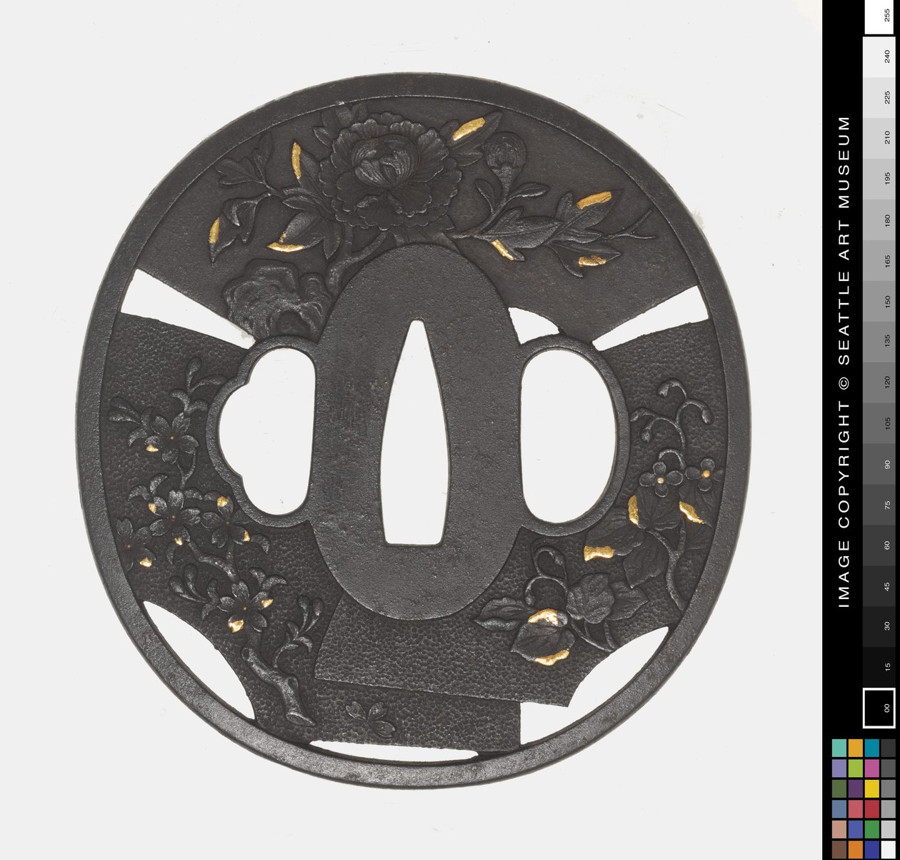 Tsuba: crisântemo, cereja, íris de Japanese School