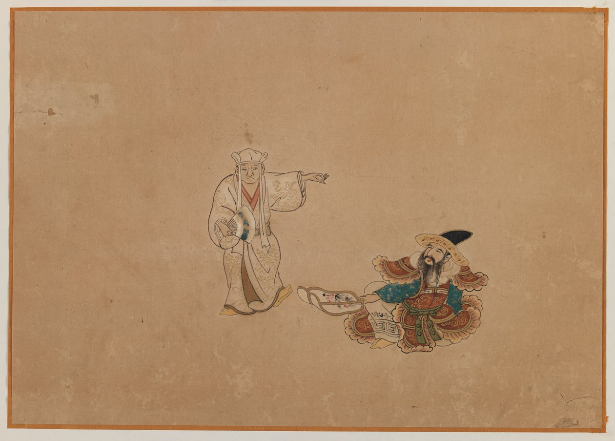 Duas figuras, Album Leaf Painting (tinta e cor sobre papel) de Japanese School