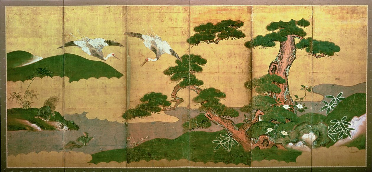 Dois guindastes mergulhando atrás de pinho e rockwood, período Edo de Japanese School