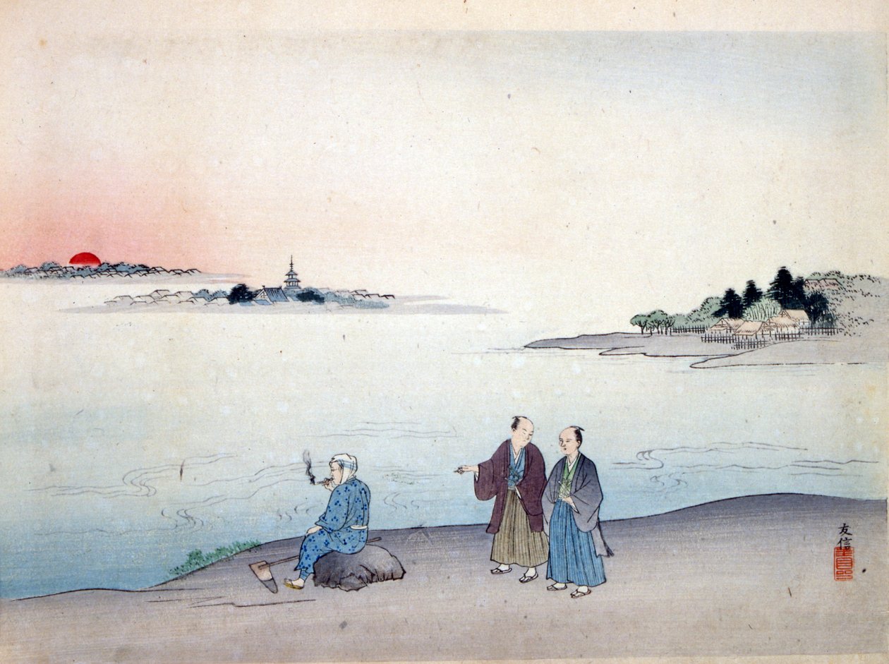 Dois homens a caminhar junto a um lago, c. 1870 de Japanese School