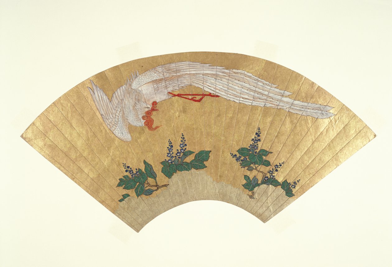 Ventilador desmontado: Mergulho de pássaros em bambu coberto de neve, c.1700-60 (ouro e wc no papel) de Japanese School